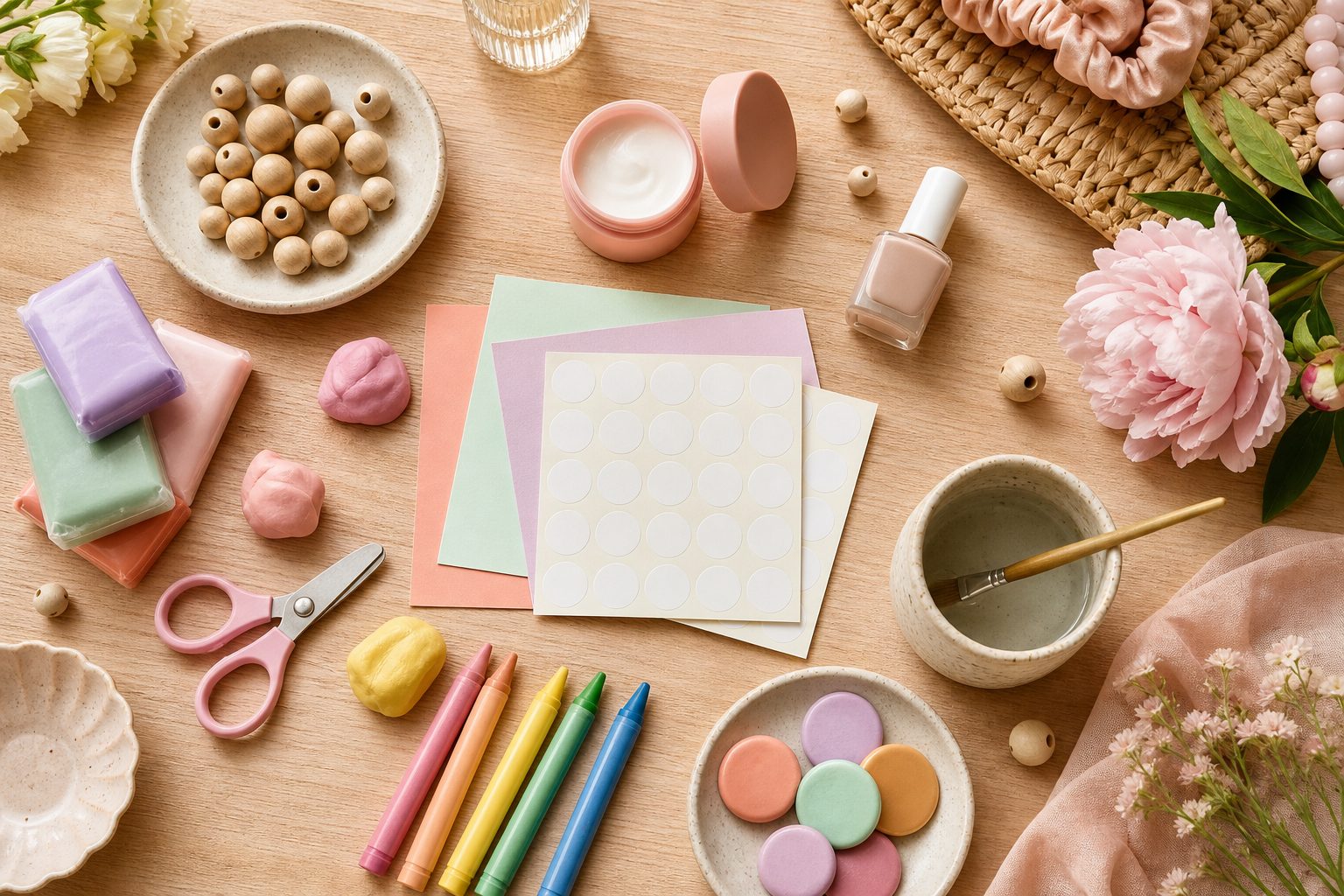 Matériel d'activités créatives pour enfant : pâte à modeler pastel, gommettes, crayons et papier coloré sur une table en bois clair