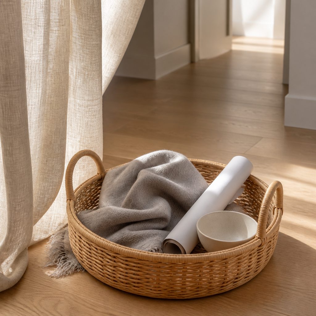 Panier en osier posé au sol, rempli de quelques objets ramassés dans la maison