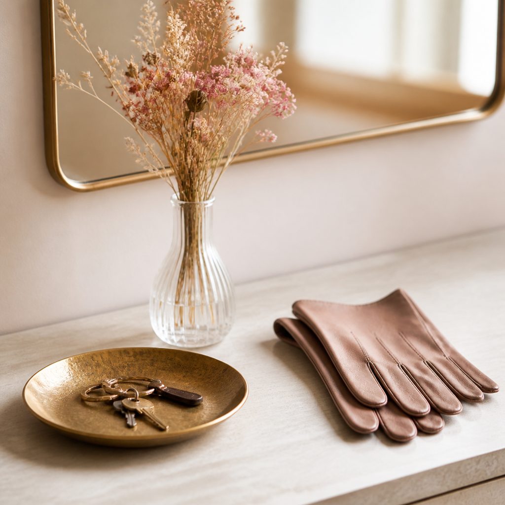Console d'entrée rangée avec une coupelle pour les clés et un petit bouquet