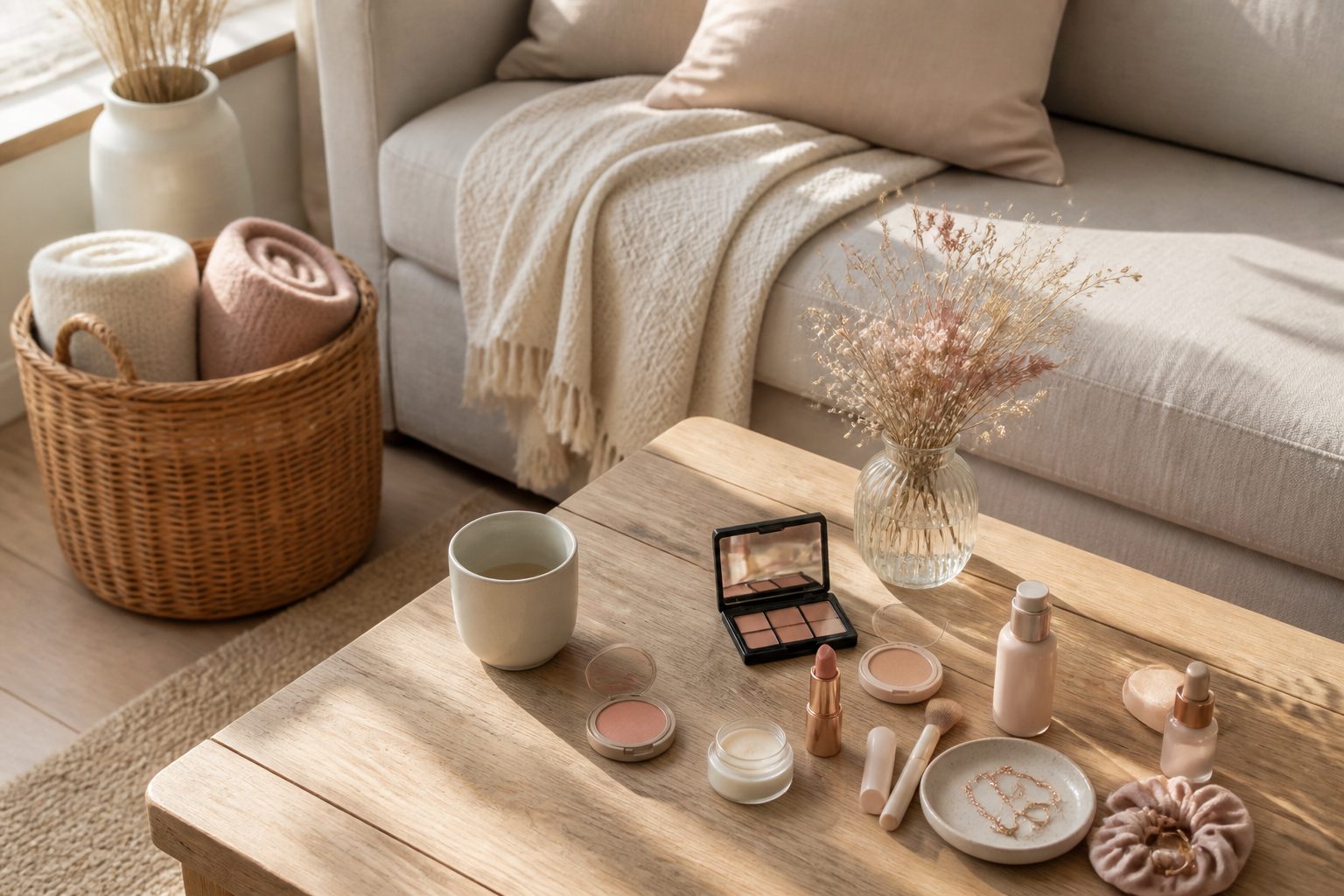 Salon lumineux bien rangé avec un panier en osier, un plaid plié et un bouquet de fleurs séchées