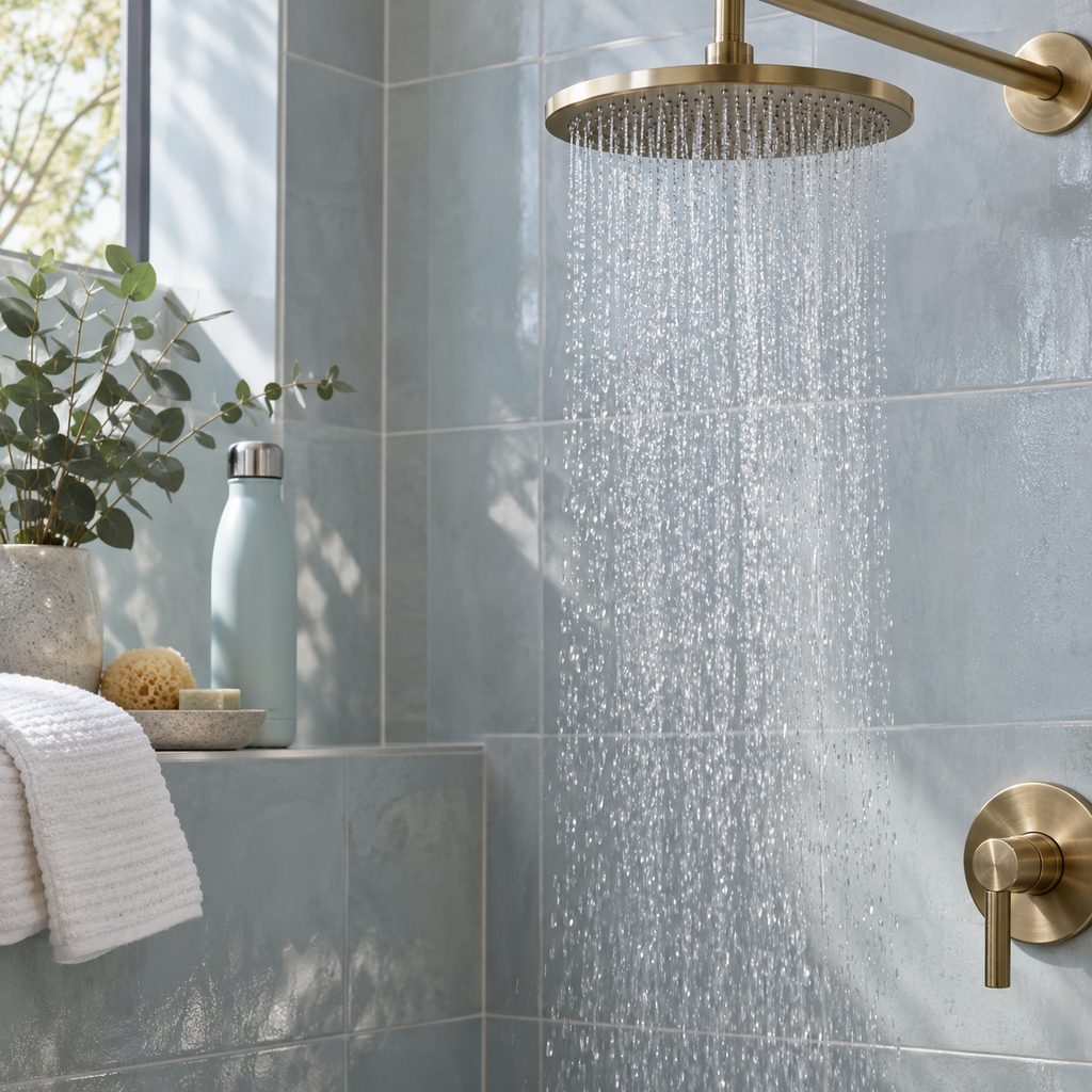 Pommeau de douche diffusant un jet d'eau fraîche, avec une serviette et une gourde posées à côté