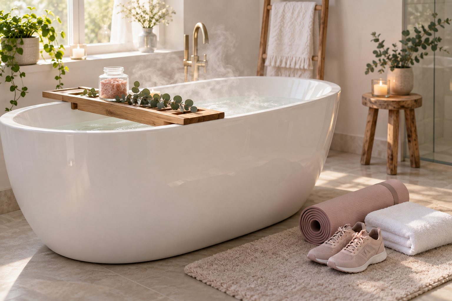 Baignoire d'eau chaude fumante avec sels de bain et eucalyptus, baskets de course et tapis de yoga posés à côté