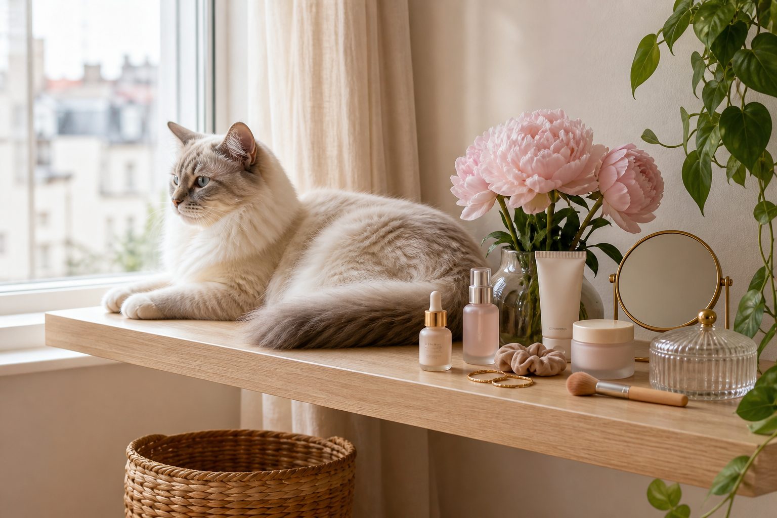 Chat installé sur une étagère en bois près d'une fenêtre dans un salon lumineux
