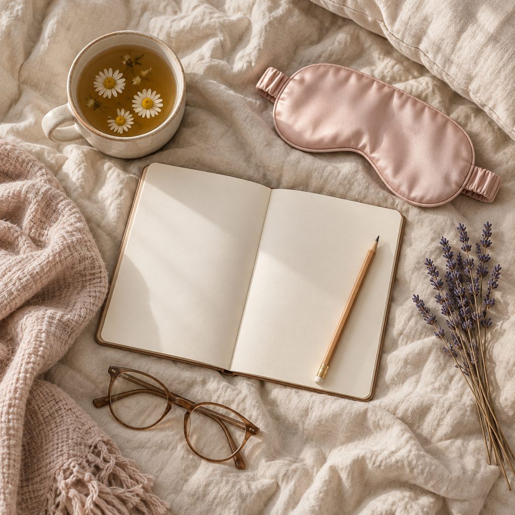 Carnet de sommeil ouvert sur un drap en lin, avec tisane, masque de nuit et brin de lavande
