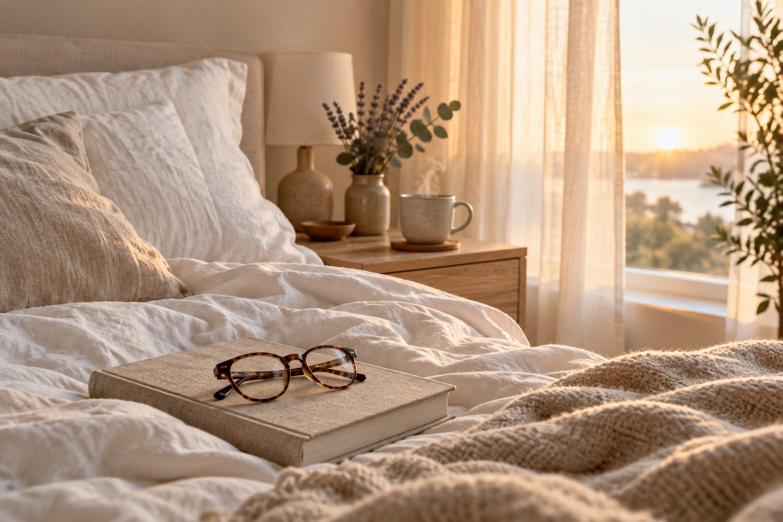 Chambre baignée de lumière douce au petit matin, lit en lin défait, lunettes posées sur un livre et tasse de tisane
