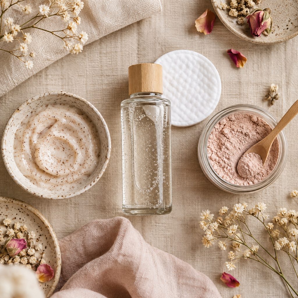 Gommage à grains, lotion exfoliante et masque enzymatique posés côte à côte sur un linge
