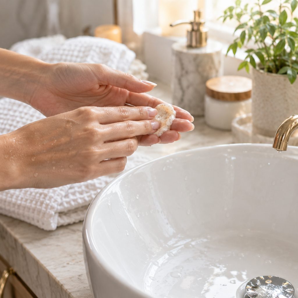 Mains tenant une petite noisette de gommage visage au-dessus d'un lavabo