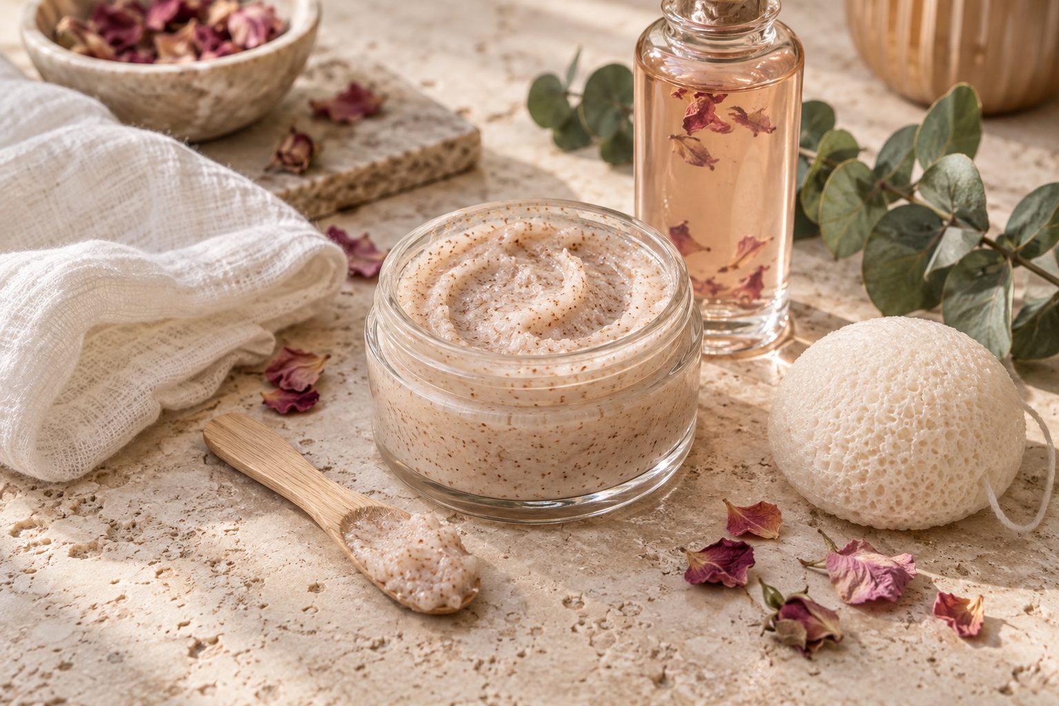 Pot de gommage visage, éponge konjac et lotion exfoliante sur une surface claire en lumière du matin