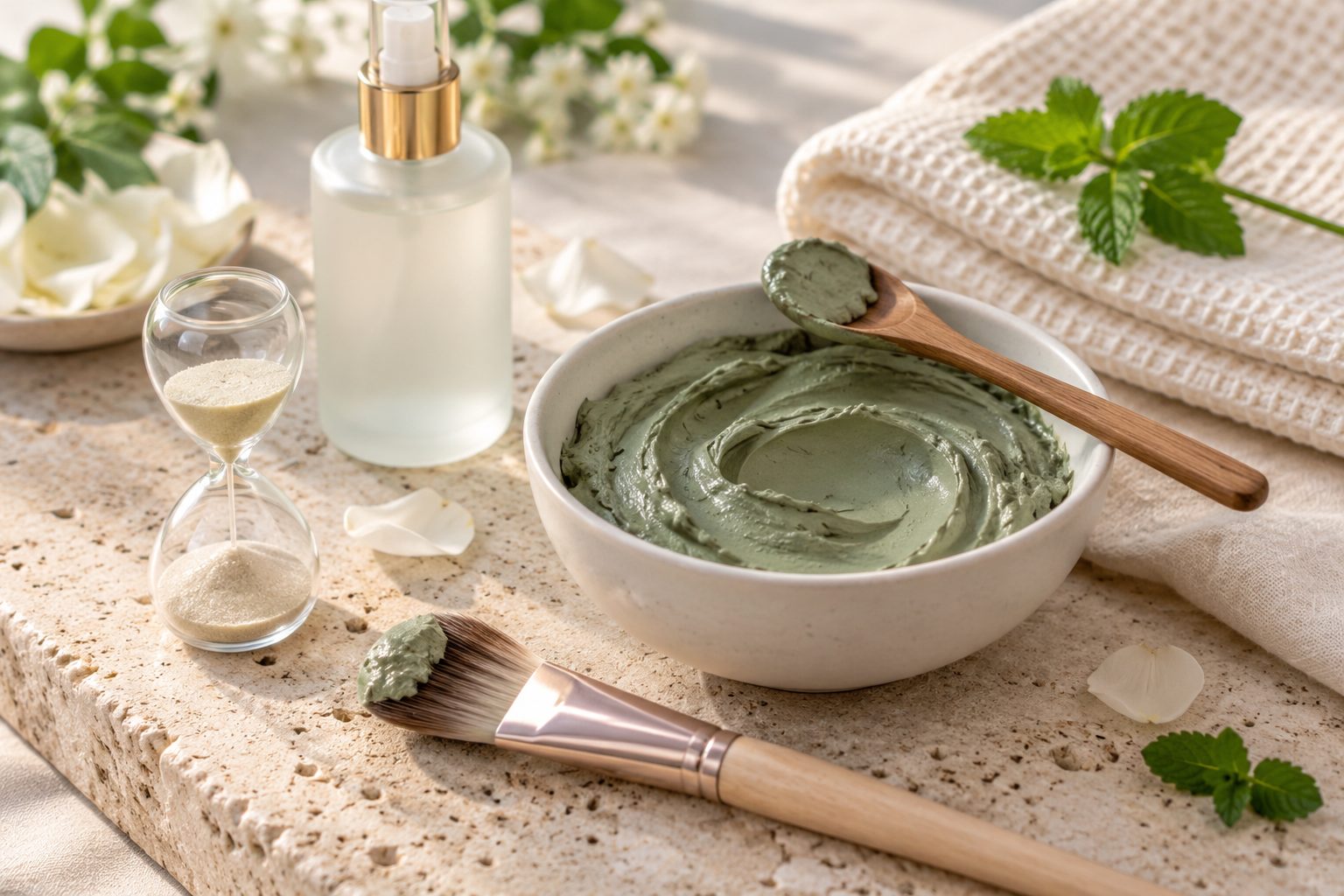 Bol de masque à l'argile verte, cuillère en bois, petit sablier et brumisateur d'hydrolat posés sur un linge clair