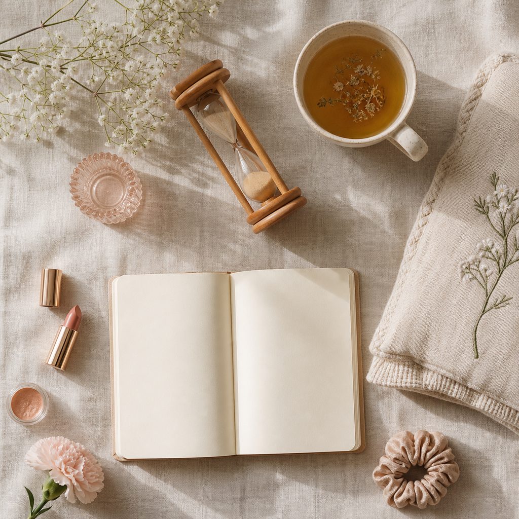 Sablier, tasse de tisane et carnet posés sur un tissu beige, symbolisant une courte séance quotidienne