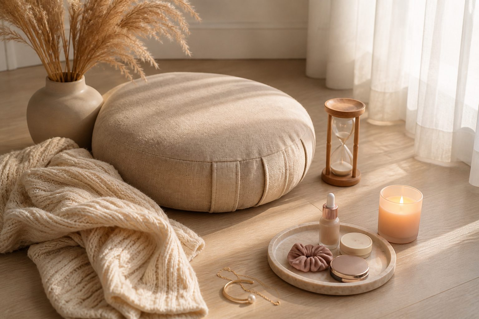 Coin méditation cosy avec coussin, plaid beige, bougie allumée et petit sablier posé au sol