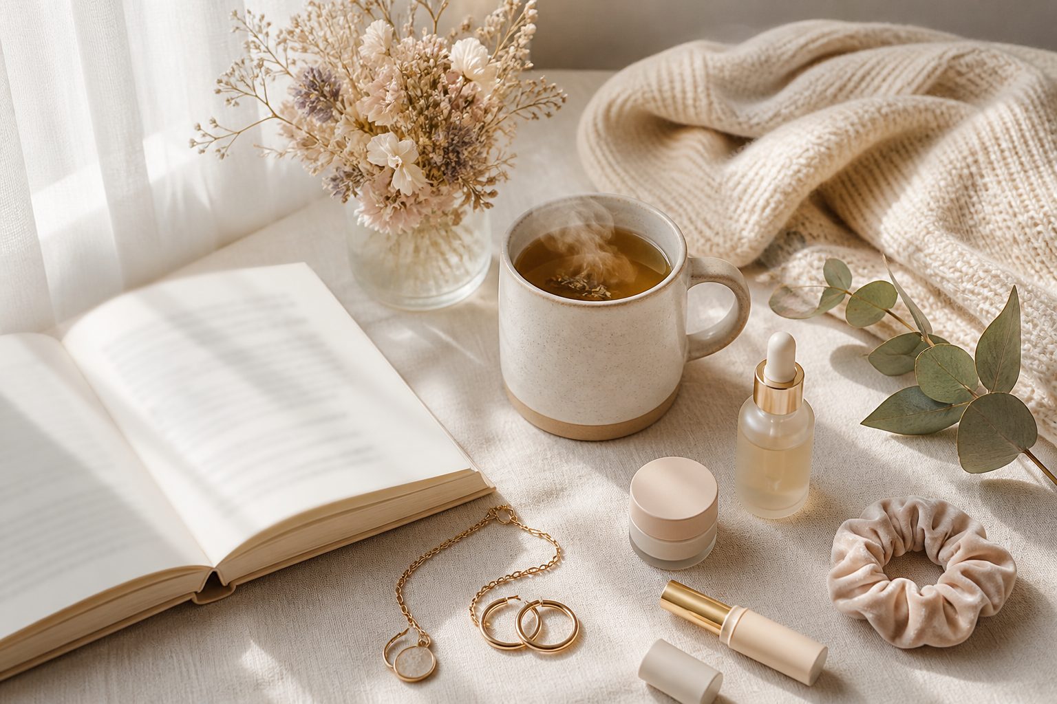 Table de petit-déjeuner paisible avec une tasse de thé fumante, un livre ouvert et un bouquet de fleurs séchées