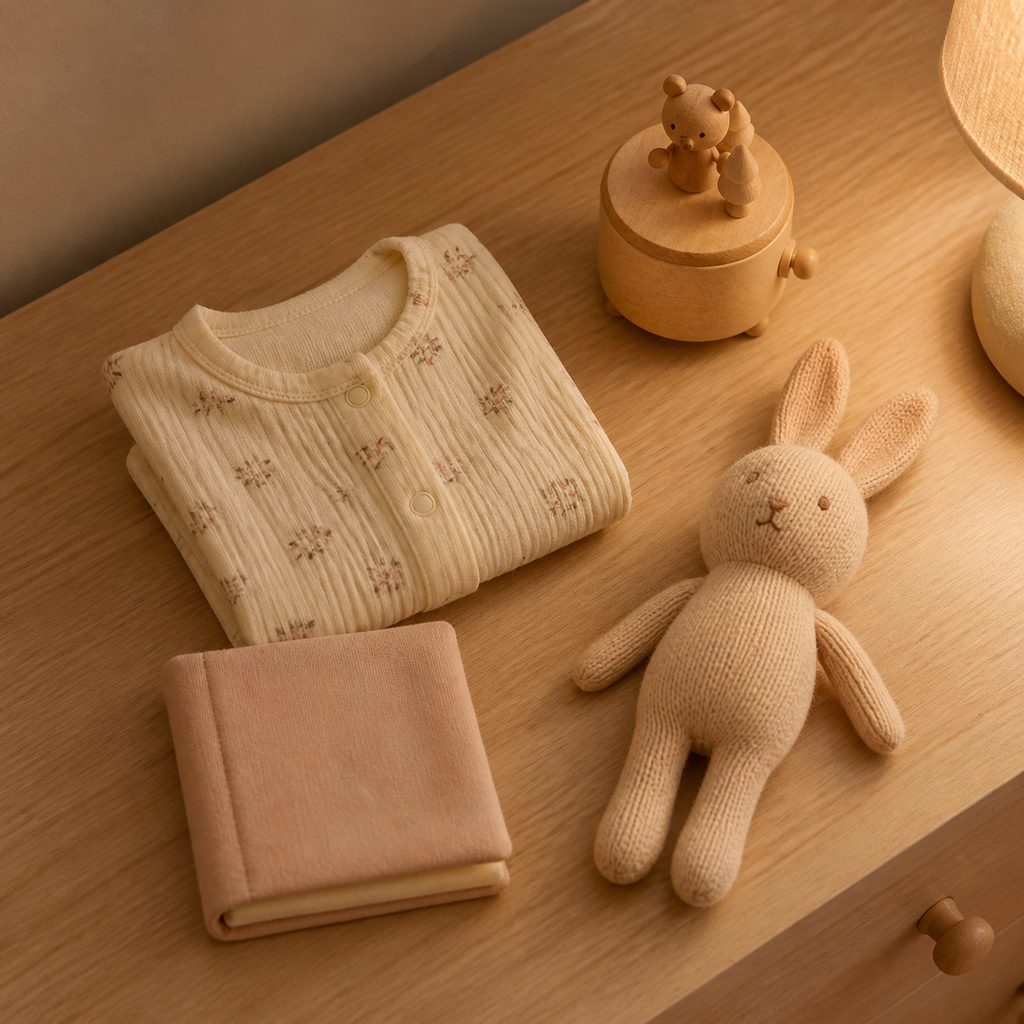 Pyjama en coton, petit livre en tissu et doudou posés sur une commode de chambre de bébé