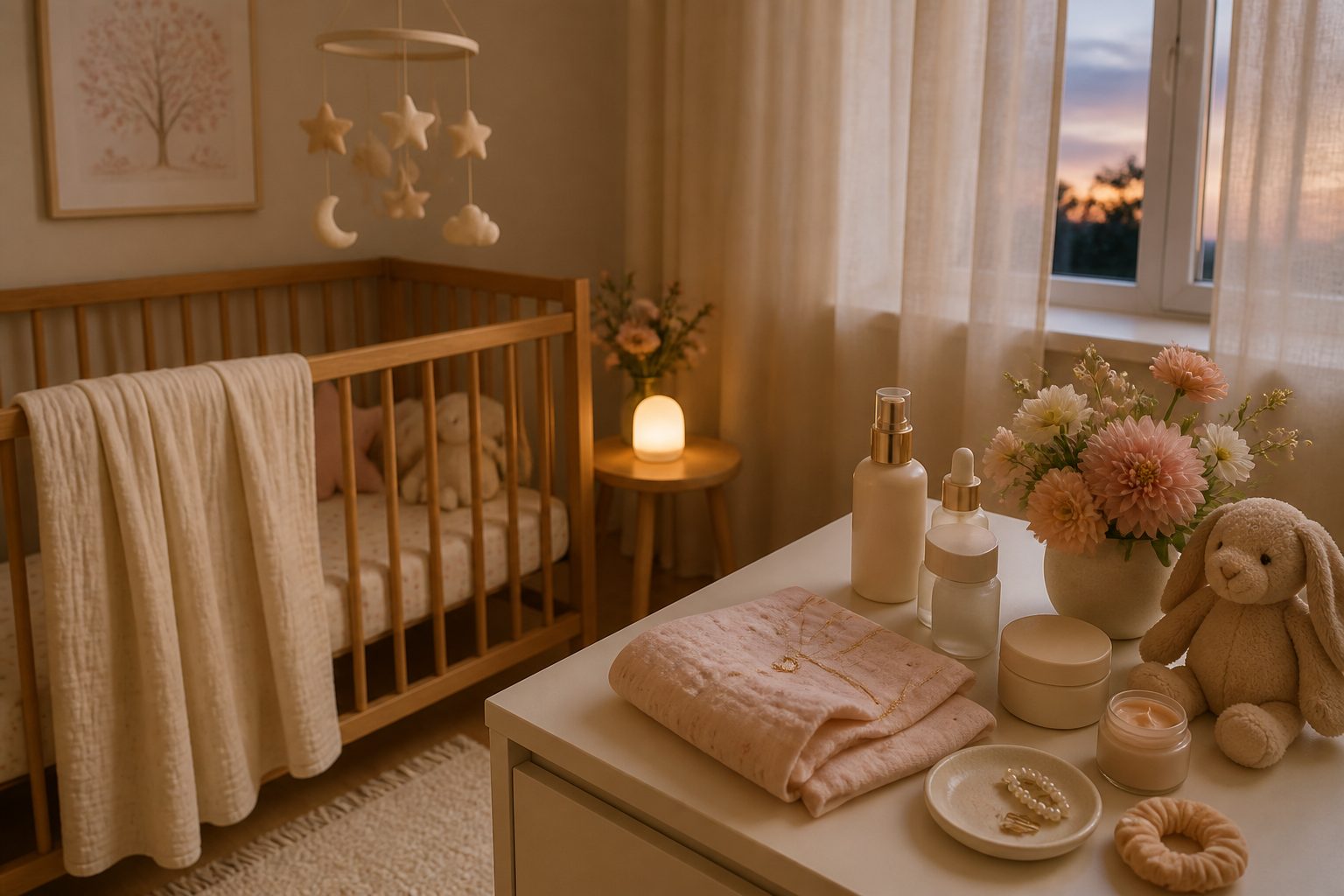 Chambre de bébé baignée d'une lumière douce du soir avec un lit à barreaux et une veilleuse