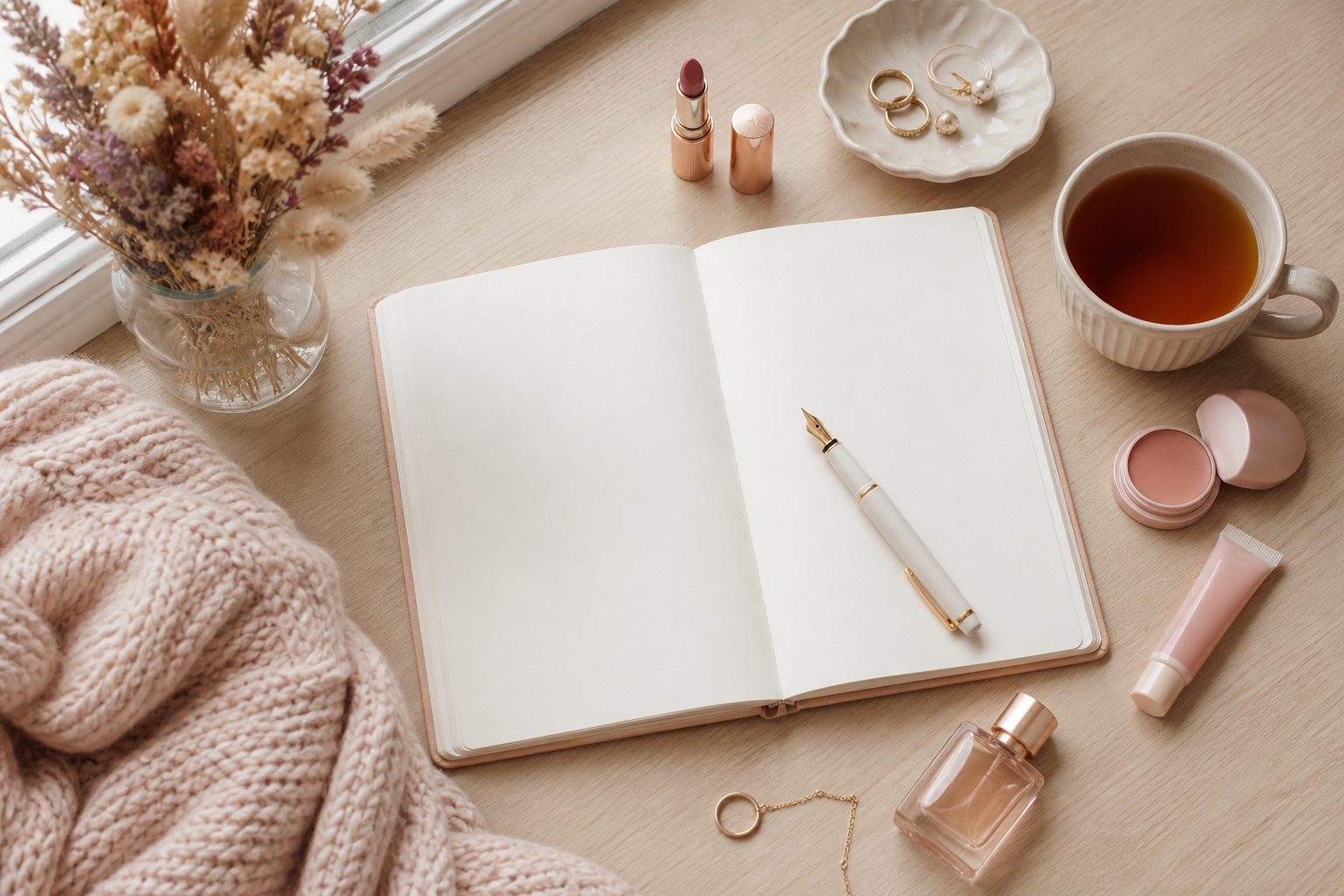 Journal ouvert avec un stylo posé dessus, une tasse de thé et un bouquet de fleurs séchées sur un bureau lumineux