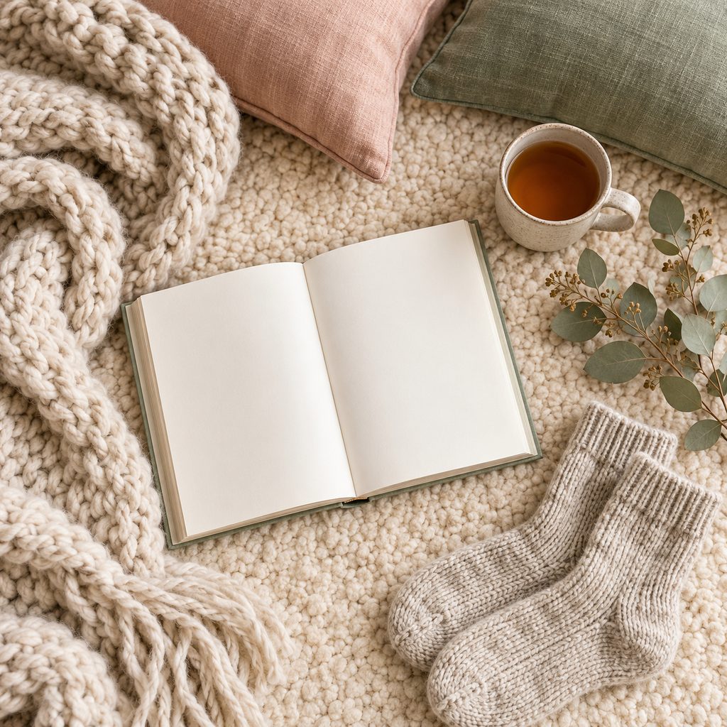 Plaid en grosse maille, coussins en lin, livre ouvert et tasse de thé posés sur un tapis en laine