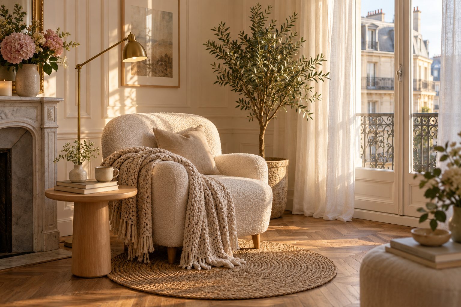 Coin lecture cosy dans un salon : fauteuil en bouclette près d'une fenêtre, lampadaire, plaid en grosse maille et pile de livres