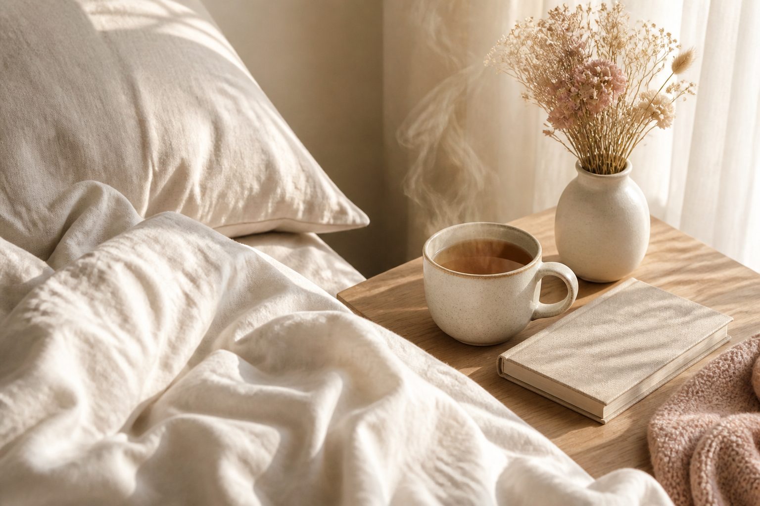 Table de chevet baignée de lumière du matin avec une tasse fumante, un carnet et un bouquet de fleurs séchées