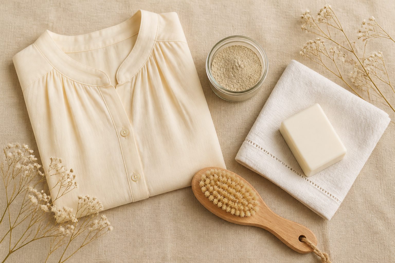 Chemisier clair posé à plat avec terre de Sommières, savon de Marseille et brosse à vêtements