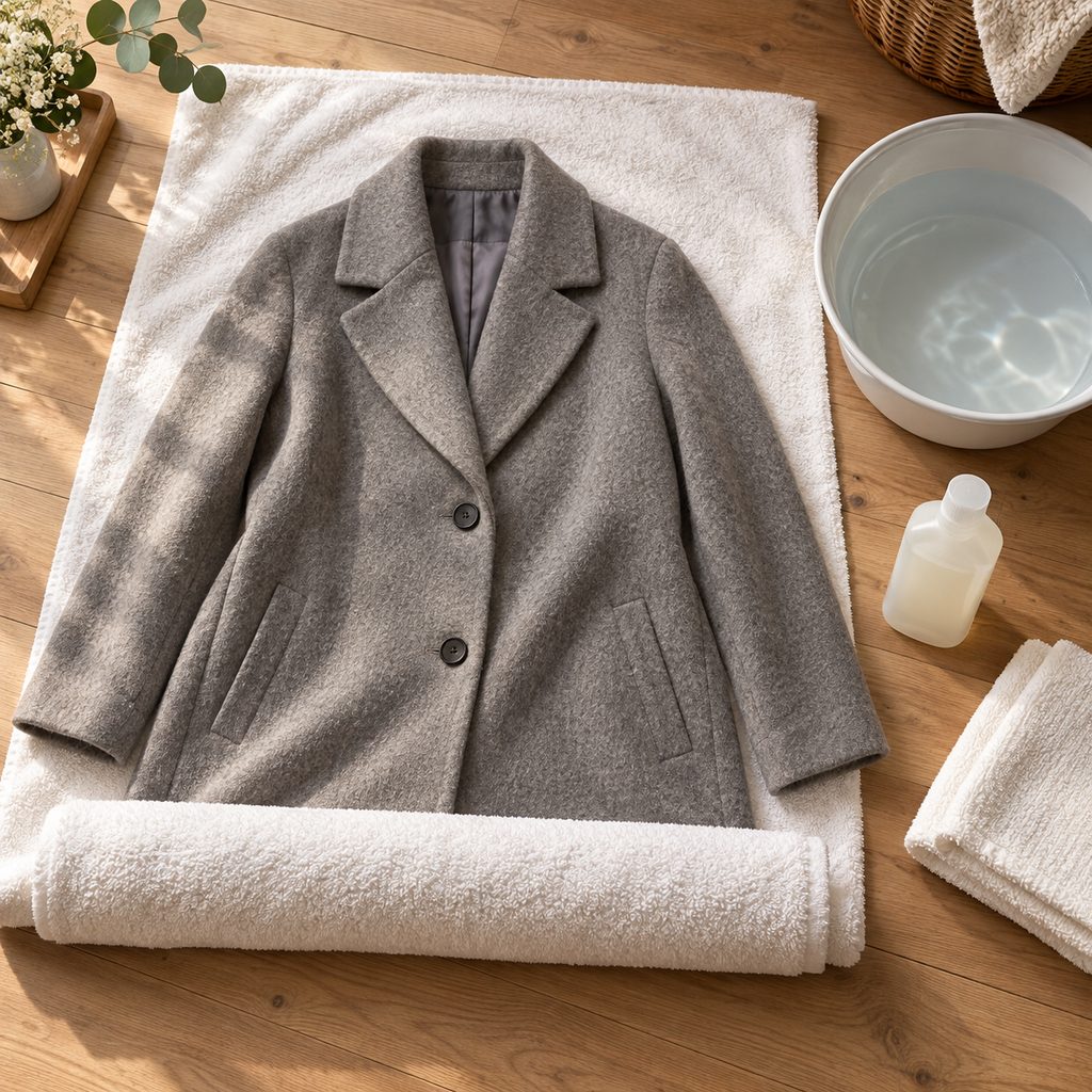 Manteau en laine gris posé à plat sur une serviette blanche pour sécher après un lavage à la main