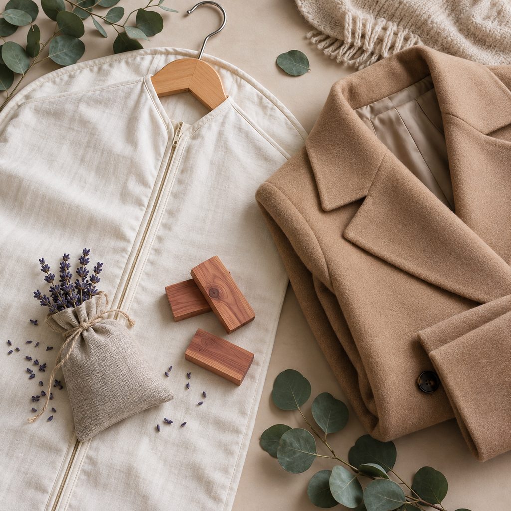 Housse en coton, cèdre et sachet de lavande préparés pour ranger un manteau en laine hors saison