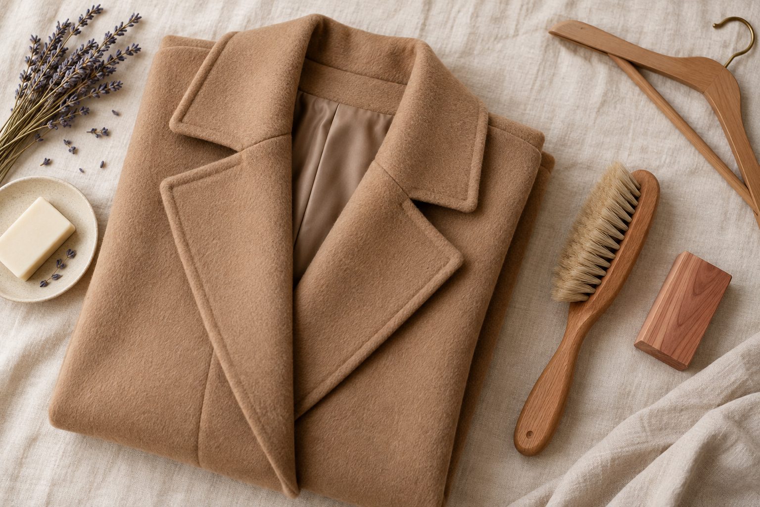 Manteau en laine camel posé sur un cintre en bois avec une brosse à vêtements et un savon doux à côté