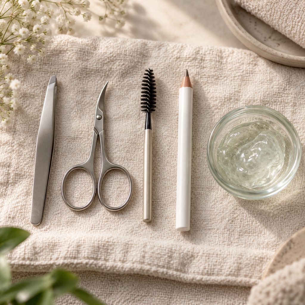 Pince à épiler biseautée, petits ciseaux courbes, brosse à sourcils et crayon blanc alignés sur une serviette en lin