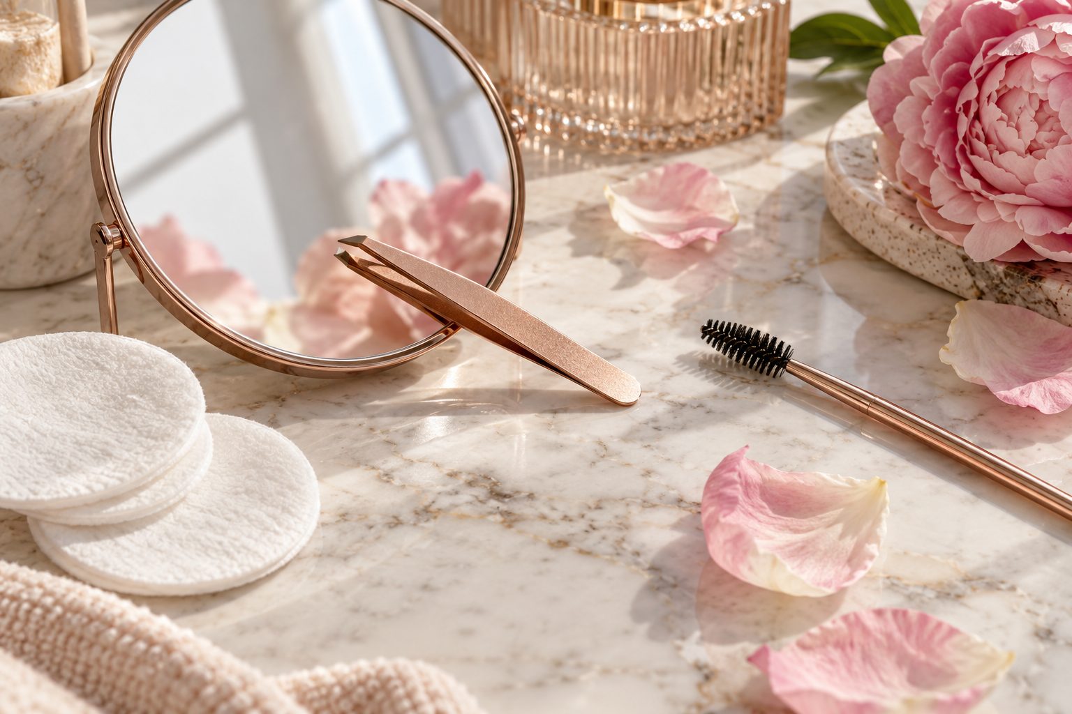 Pince à épiler dorée posée sur un petit miroir rond, à côté de cotons et de pétales roses