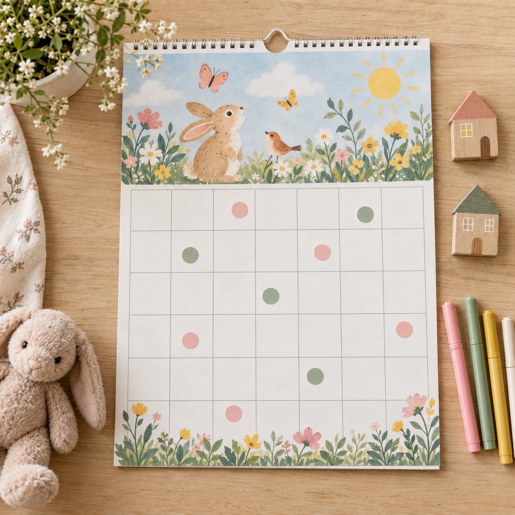 Calendrier visuel à deux couleurs pour aider un enfant à se repérer entre la maison de papa et celle de maman