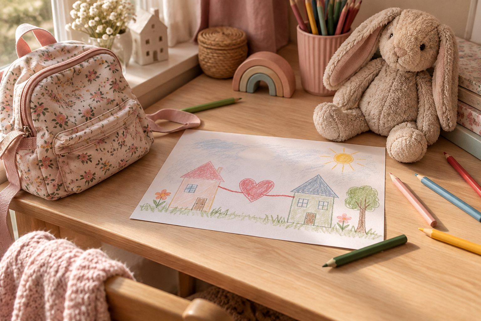 Coin de chambre d'enfant avec un dessin de deux petites maisons reliées par un cœur, un doudou et des crayons de couleur