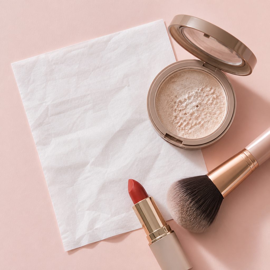 Mouchoir en papier, poudre translucide et pinceau pour fixer un rouge à lèvres