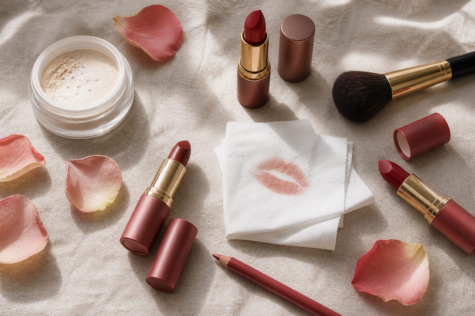 Rouges à lèvres, crayon assorti et mouchoir posés sur une coiffeuse en lumière douce
