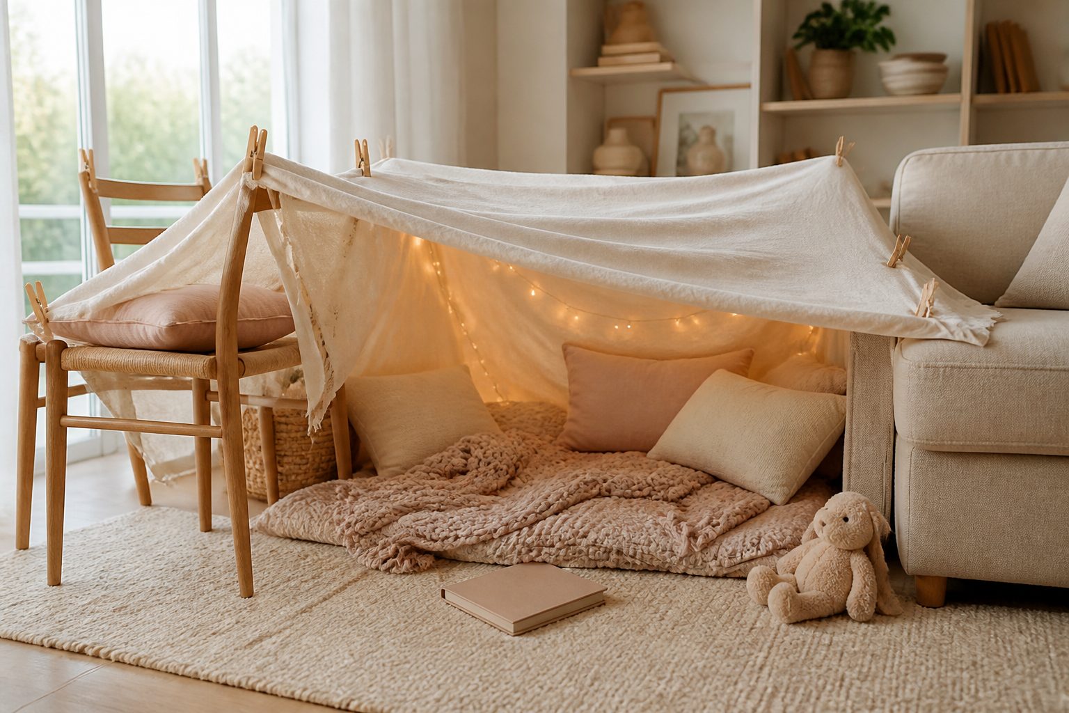 Cabane d'intérieur faite maison avec un drap tendu entre deux chaises et un canapé, coussins et guirlande lumineuse dans un salon clair