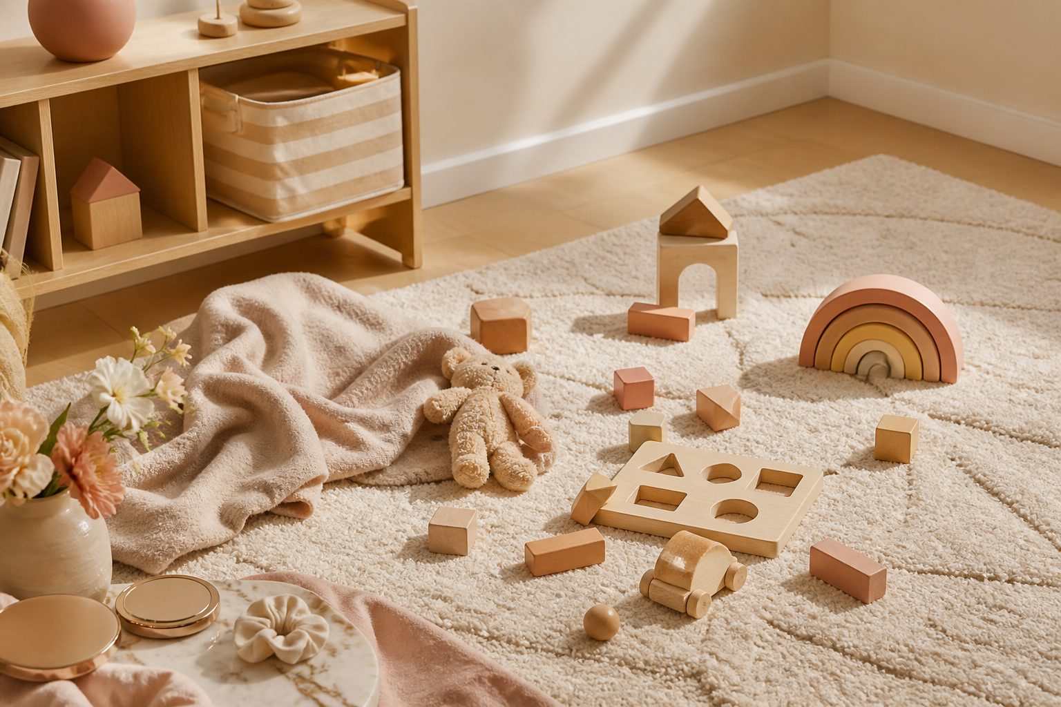 Coin de jeu pastel d'un tout-petit avec jouets en bois éparpillés et doudou posé au sol