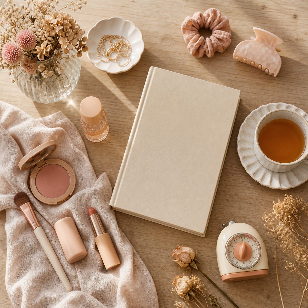 Table basse avec un minuteur de cuisine, un livre pour enfant et une tasse de thé
