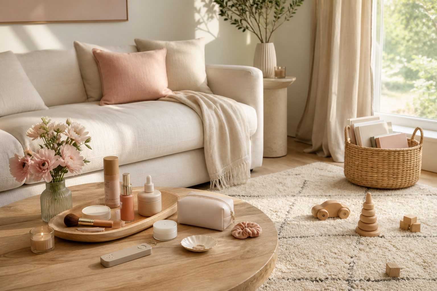 Salon familial lumineux avec plaid, panier de livres et petite télécommande posée sur la table basse
