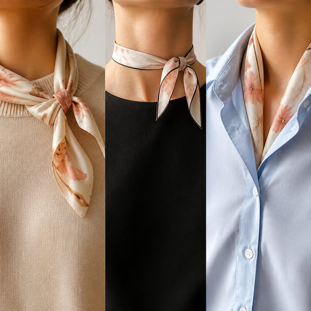 Trois façons de nouer un foulard autour du cou : nœud sur le côté, ras-du-cou et sous un col de chemise