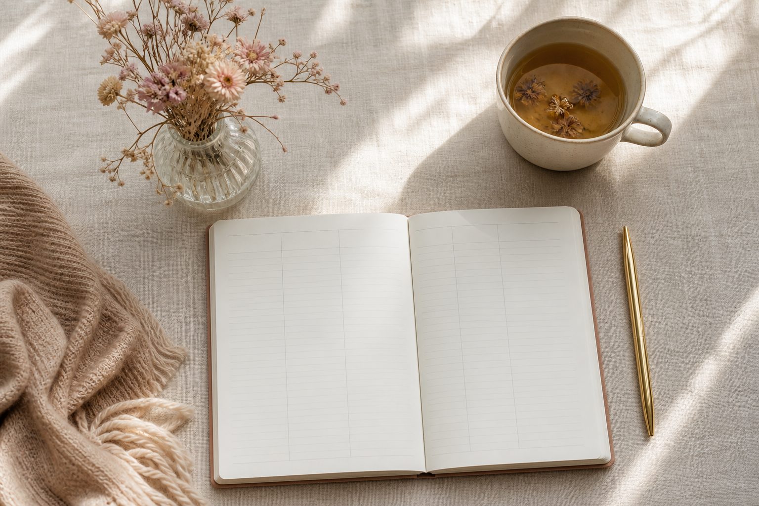 Agenda hebdomadaire ouvert sur une table avec un stylo, une tasse de thé et un bouquet de fleurs séchées