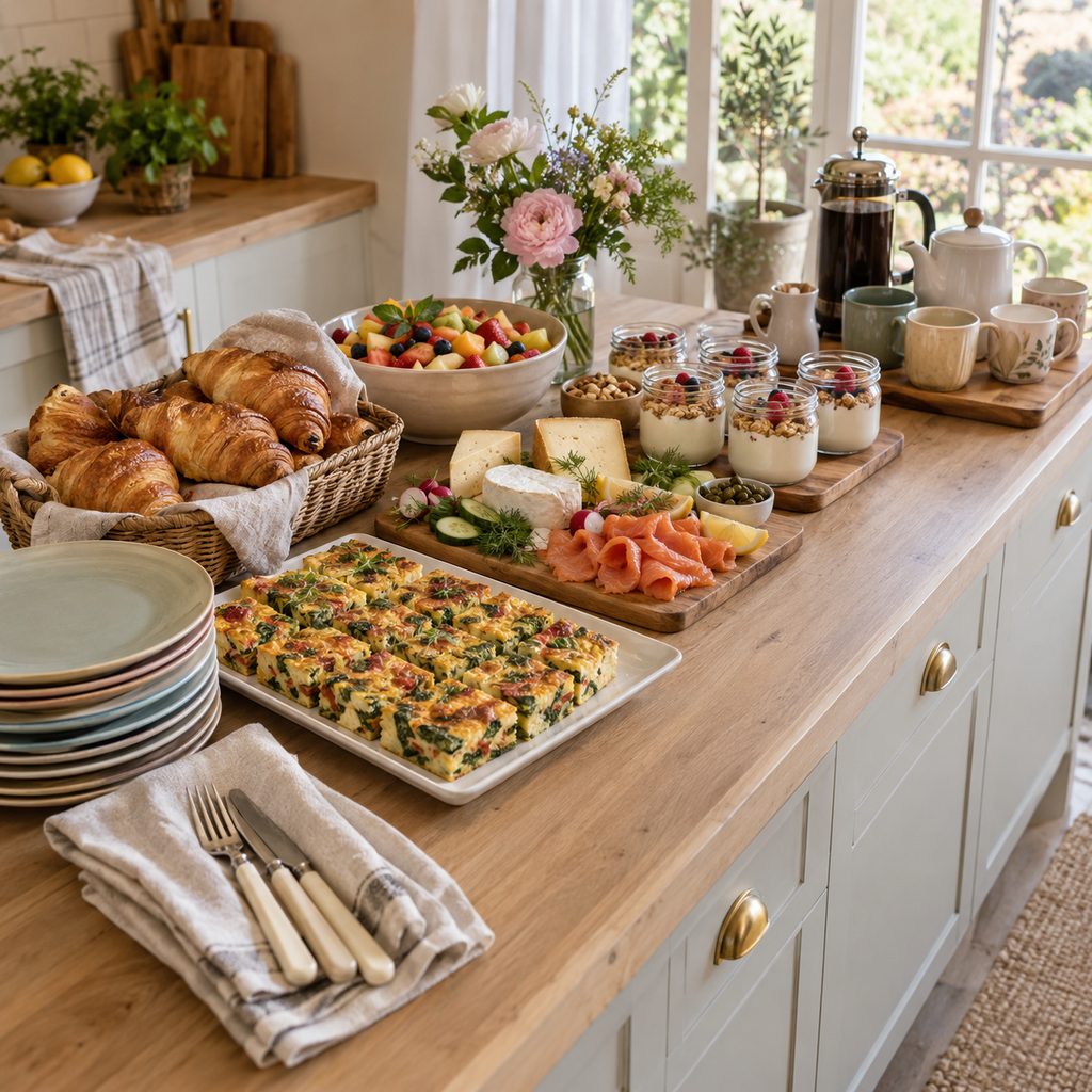 Buffet de brunch en libre-service sur un plan de travail, avec assiettes au début, plats salés et sucrés, et un coin café séparé