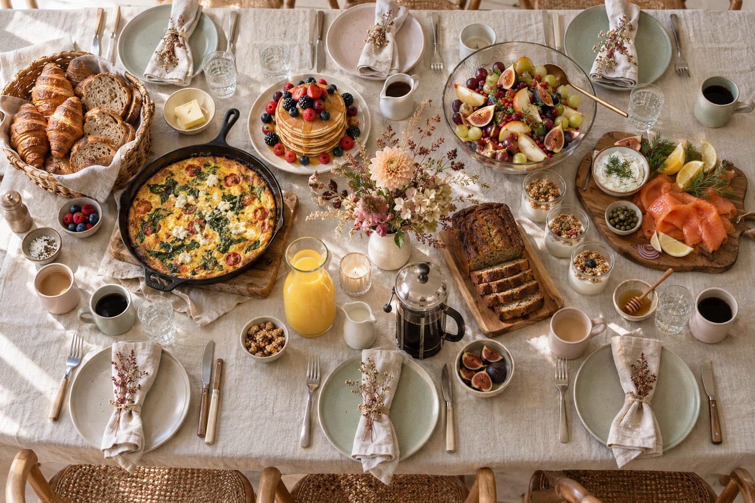 Table de brunch dressée pour huit avec frittata, pancakes, planche de saumon fumé, viennoiseries et salade de fruits d'automne