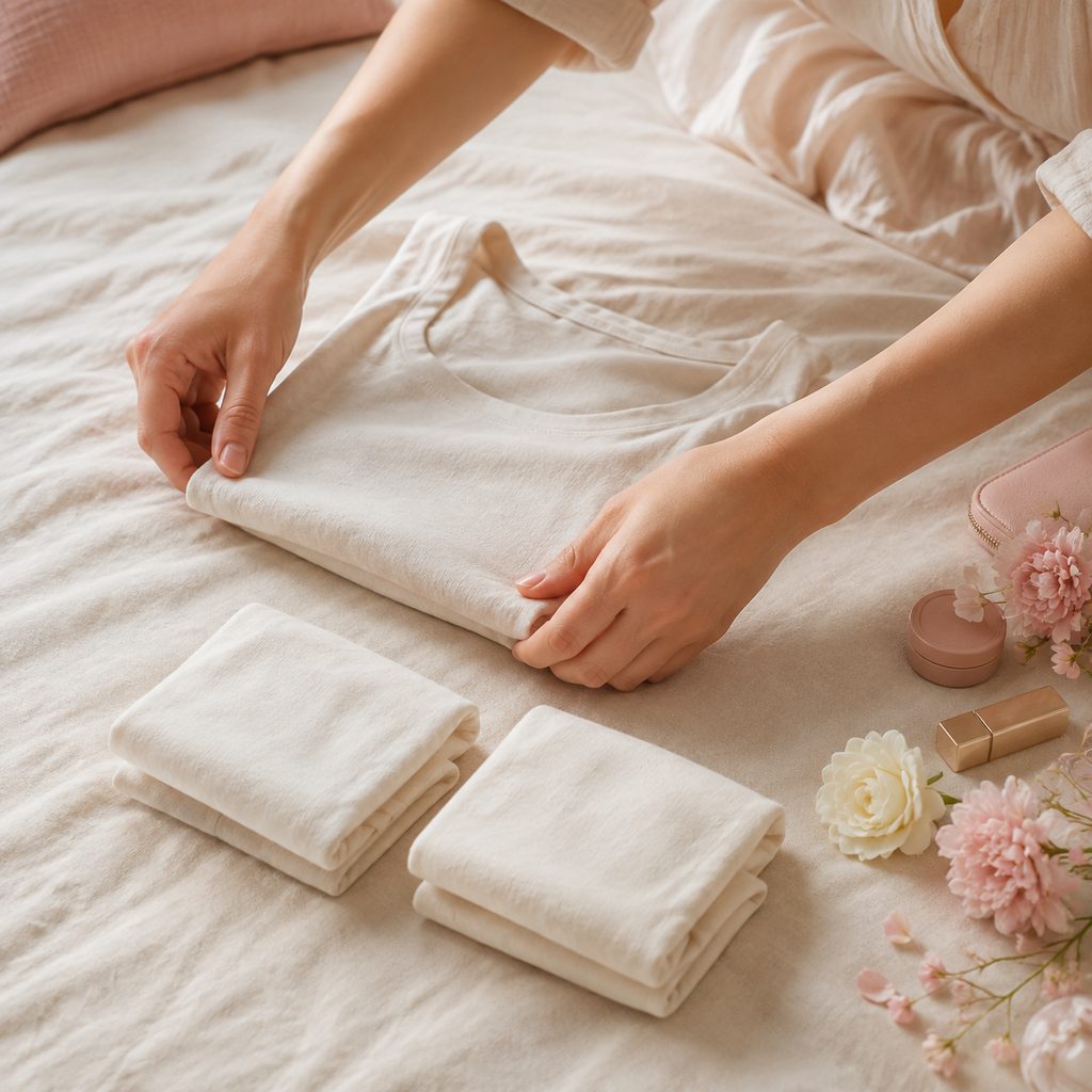 Mains repliant un t-shirt en coton en un petit rectangle sur un lit