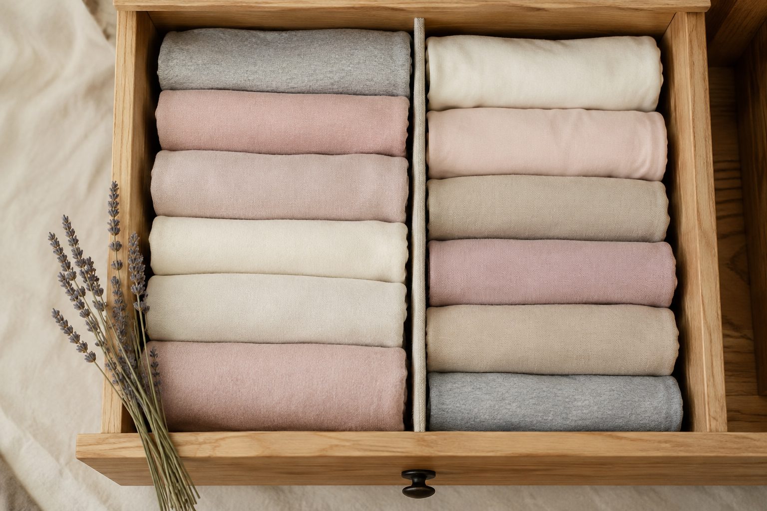 Tiroir ouvert avec des t-shirts pliés en petits rectangles rangés debout côte à côte