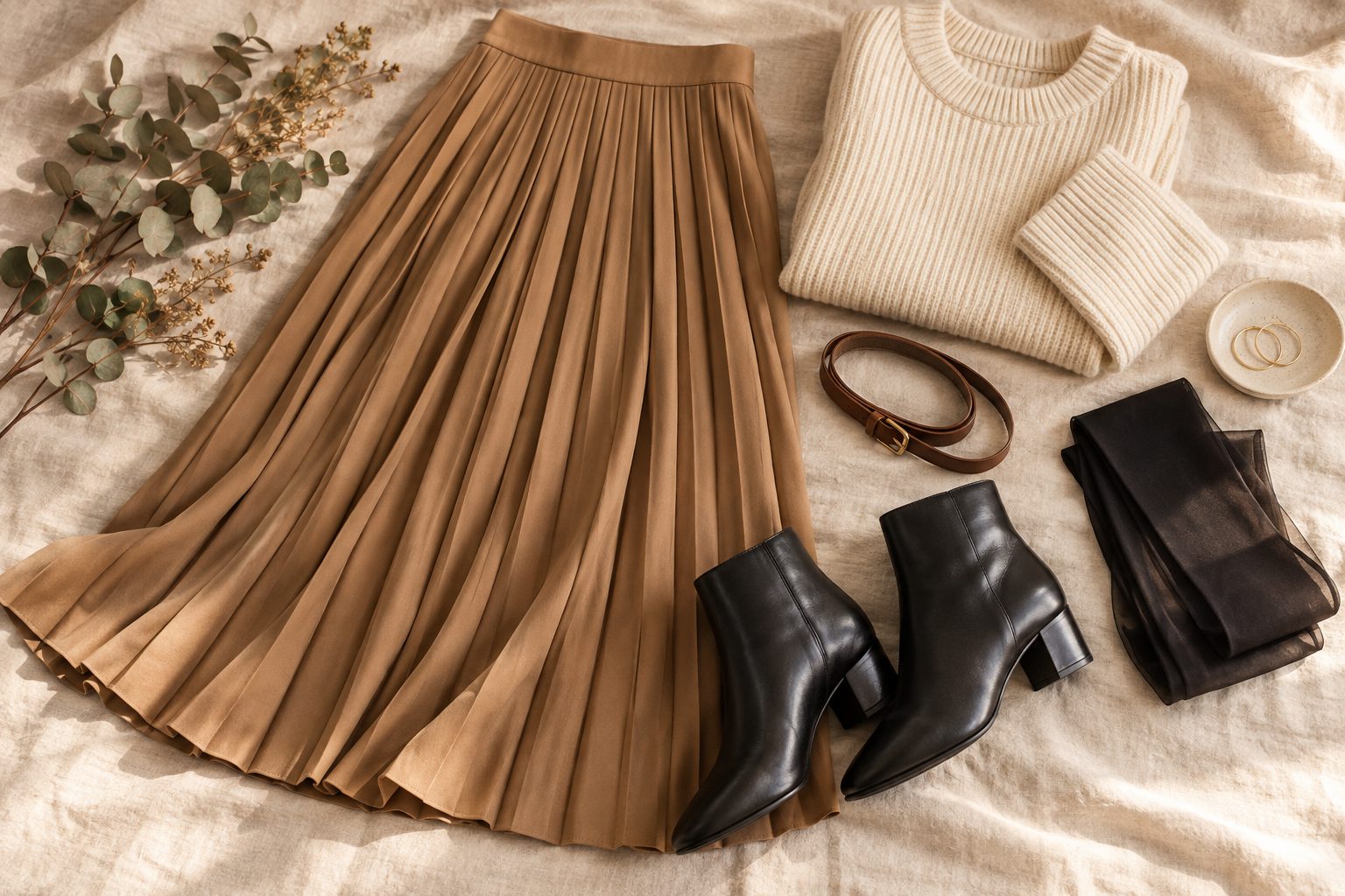Jupe midi plissée camel posée à plat avec une paire de bottines en cuir noir, des collants fins et un pull en maille