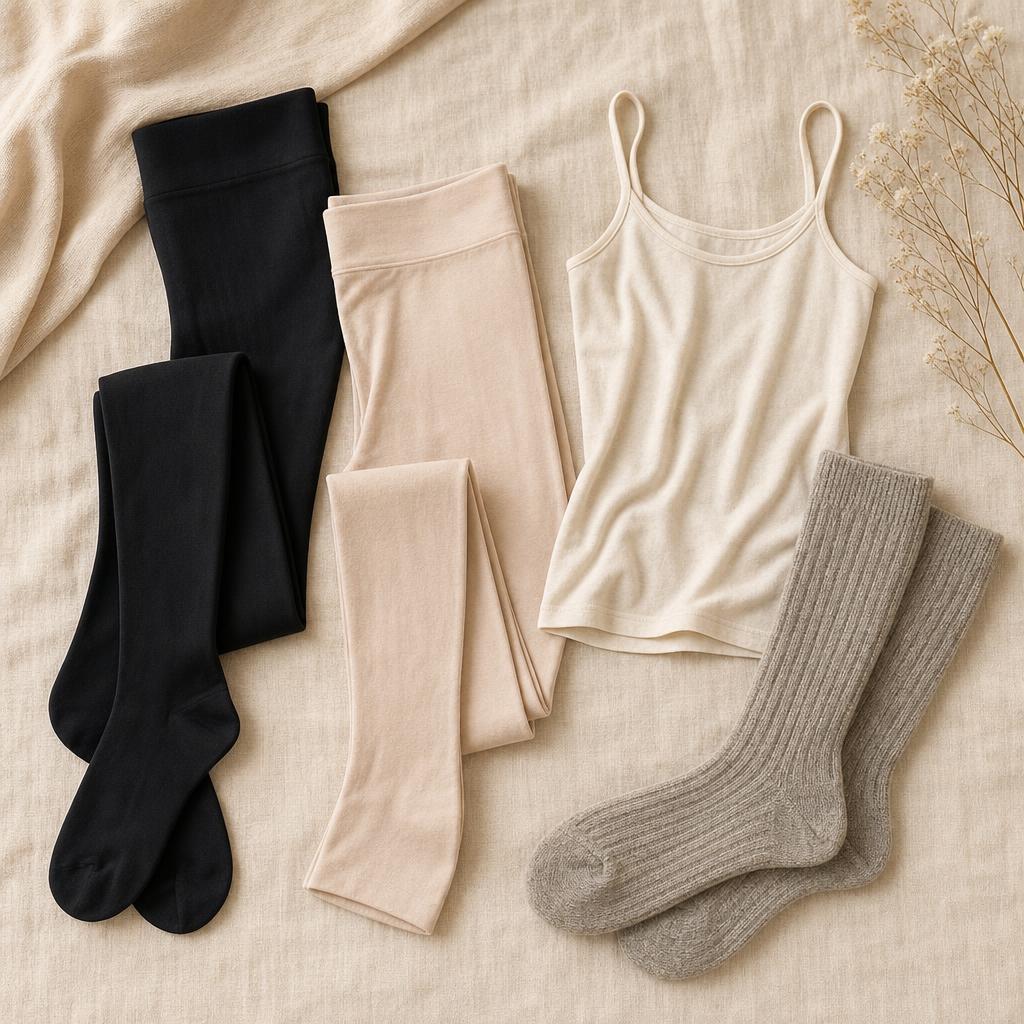 Collant opaque, legging fin, caraco en maille et chaussettes hautes posés à plat sur fond beige