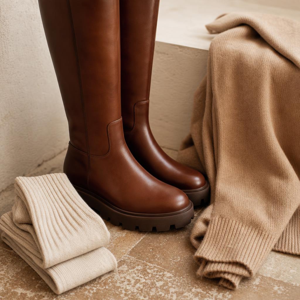 Bottes hautes en cuir et chaussettes de laine côtelées posées près de l'ourlet d'une robe longue