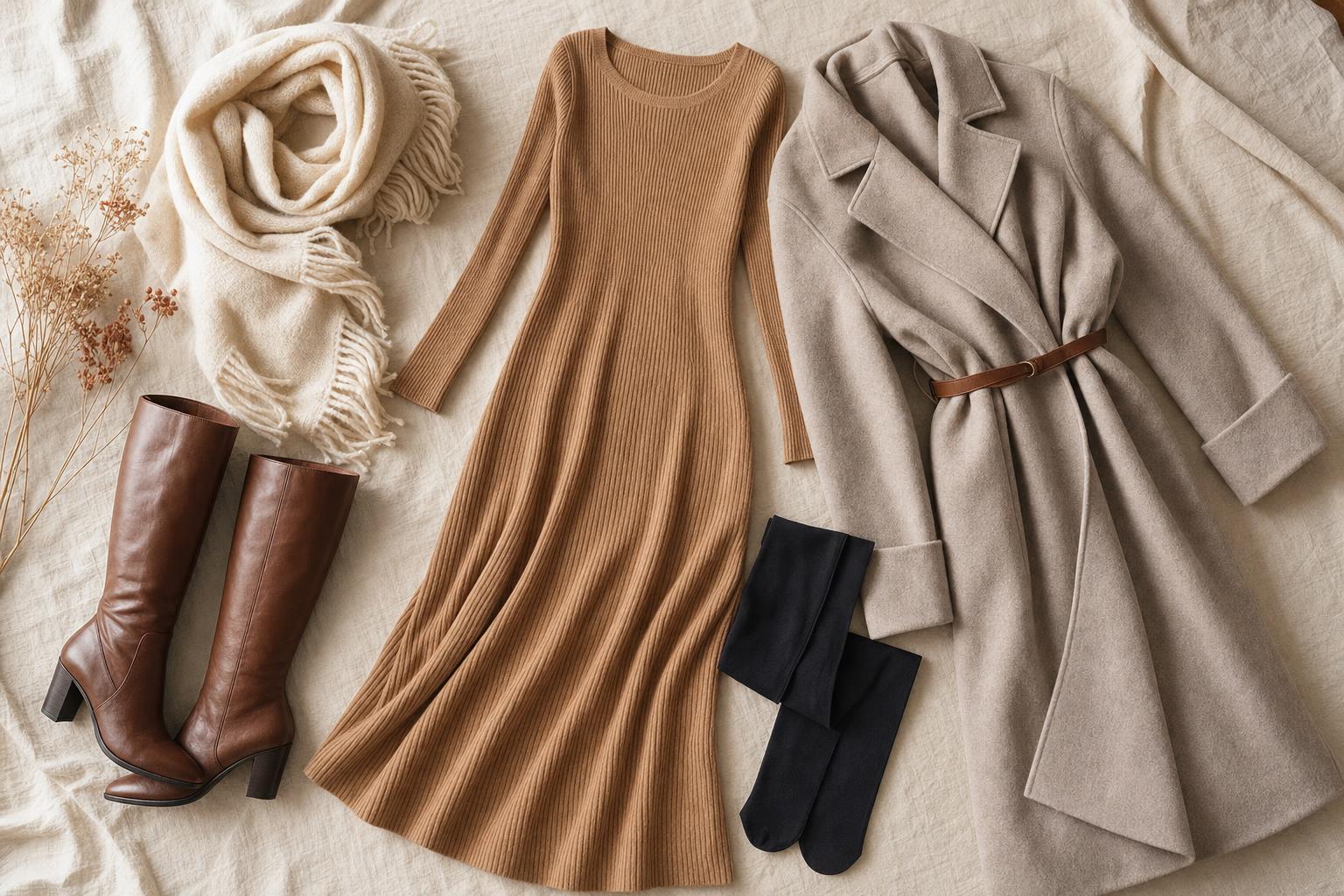Robe longue en maille, collant opaque, bottes hautes et manteau long posés à plat sur fond neutre