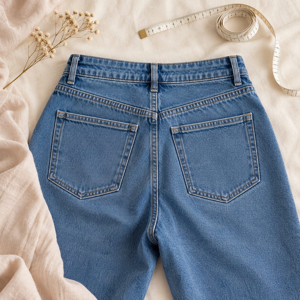 Dos d'un mom jean taille haute posé à plat : poches arrière moyennes et centrées, délavage uniforme, mètre ruban à côté