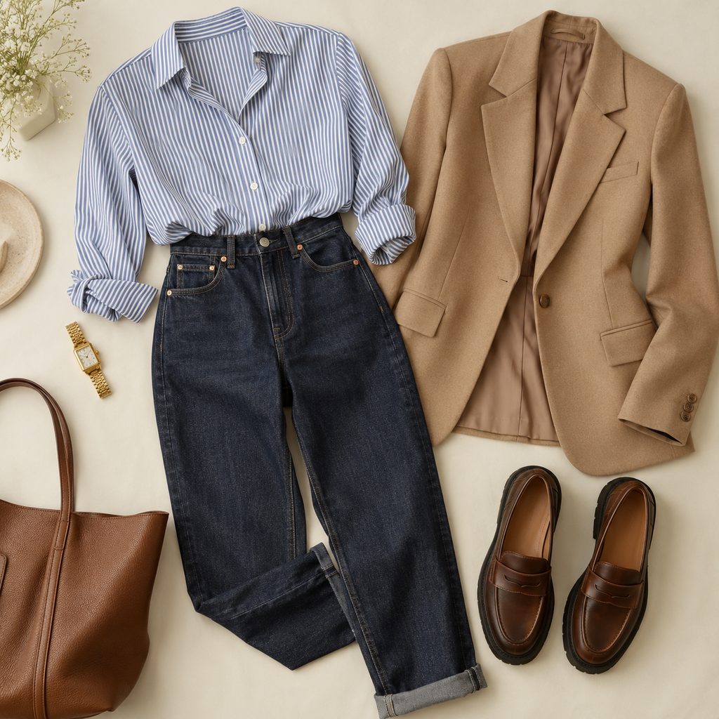 Tenue de bureau à plat : mom jean brut, chemise rayée rentrée devant, blazer camel structuré et mocassins