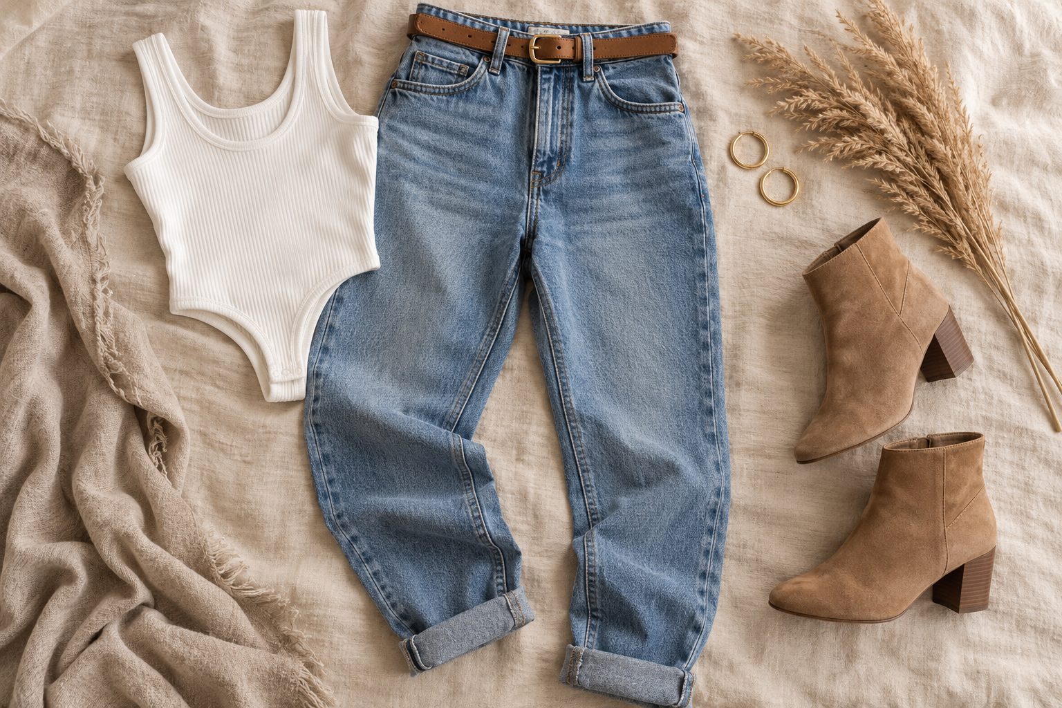 Mom jean bleu taille haute posé à plat avec un body blanc, une ceinture en cuir fine et des bottines camel
