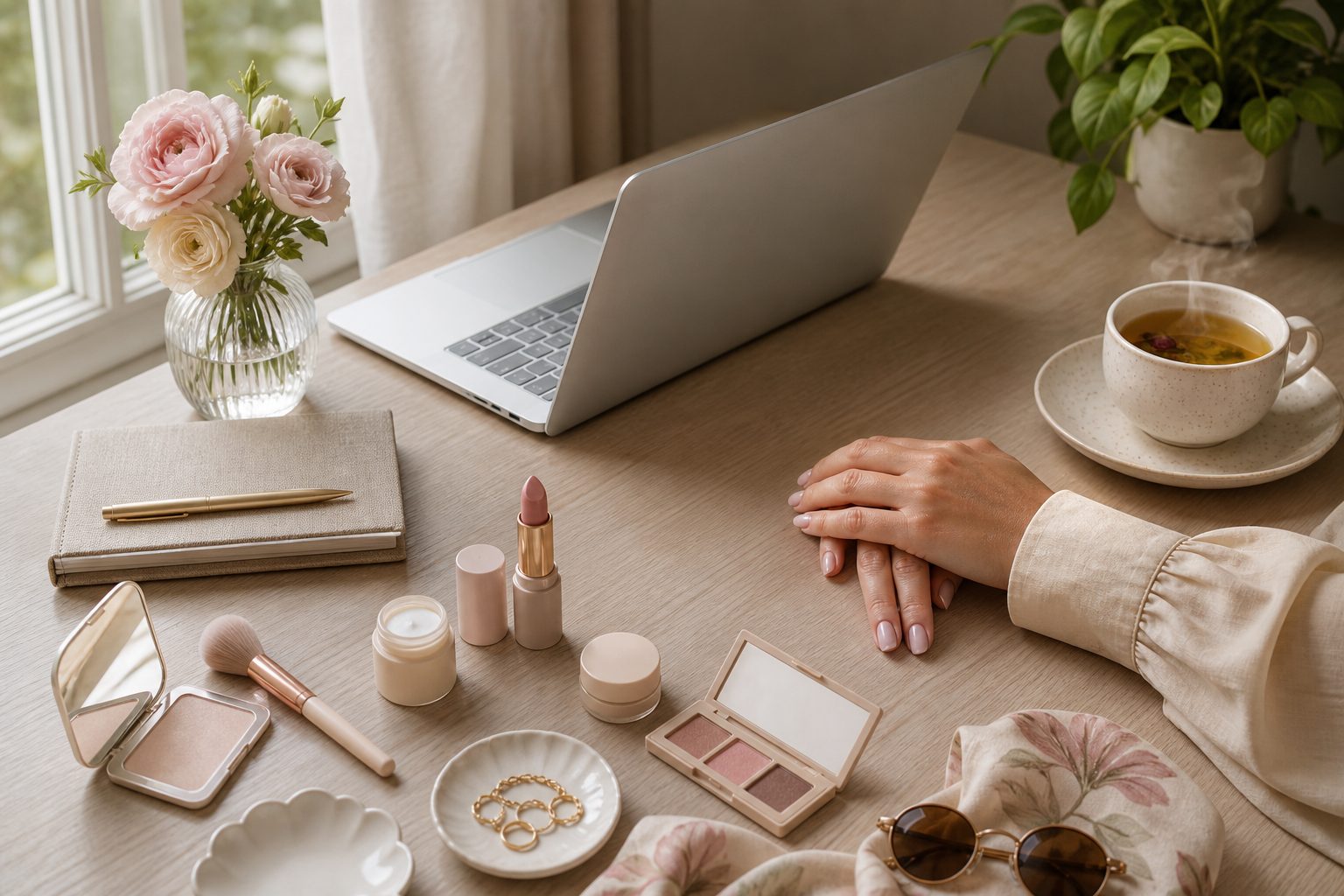 Bureau lumineux et apaisant avec ordinateur portable, tasse de thé et plante verte